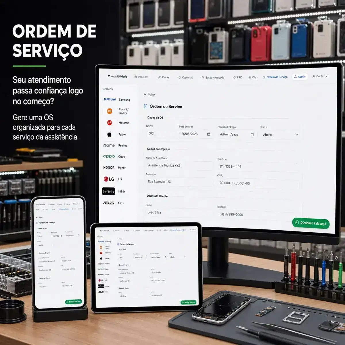 Sistema CompatPro com ordem de serviço em monitor, tablet e celular